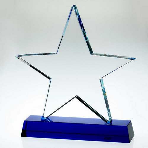Clear Glass Star Plaque On Blue Base (19mm Thick) - 8.25in