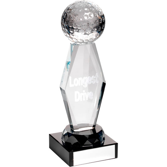 18.5cm Clear Glass Lasered Golf Column On Black Base - (L.D.) 7.25In