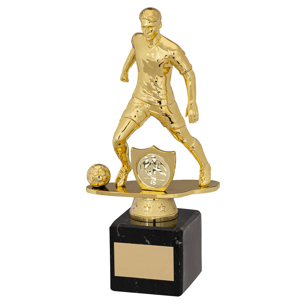 Gold|blk Plastic Male Football Figure On Blk Marble Trophy (1in Cen) - 6.75in