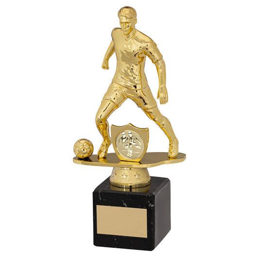 Gold|blk Plastic Male Football Figure On Blk Marble Trophy (1in Cen) - 6.75in