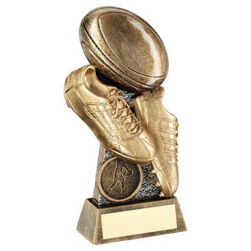 Brz|Gold|Pew Flatback Rugby Ball & Boots On Riser With Plate (1in Cen) - 6.5"