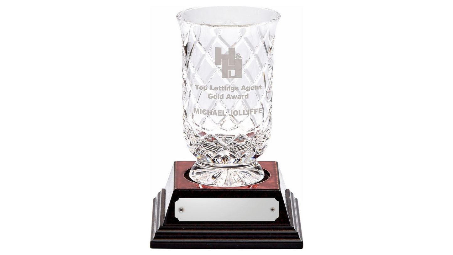 Lead Crystal Vase with Panel on Wood Base