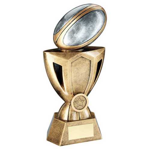 Brz/Pew/Gold Rugby Ball on cup riser with plate