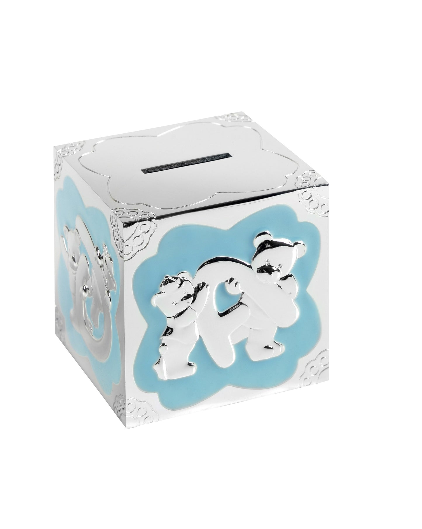 7cm Blue Enml Teddy Cube Money Box