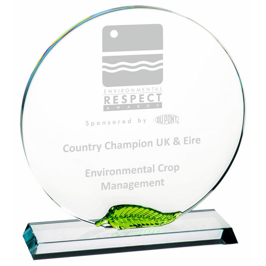 17cm Clear Glass Award with Green Leaf